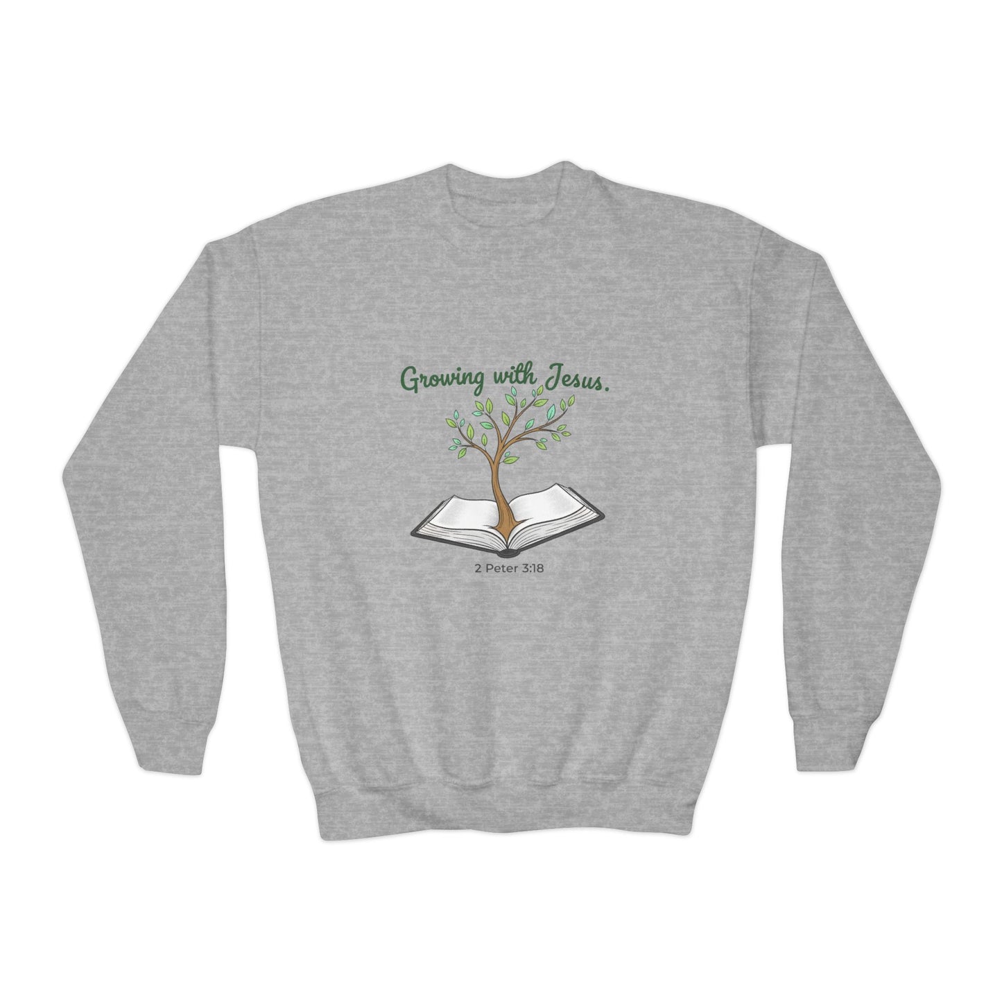 Youth Crewneck Sweatshirt Growing with Jesus Tree Over Bible
