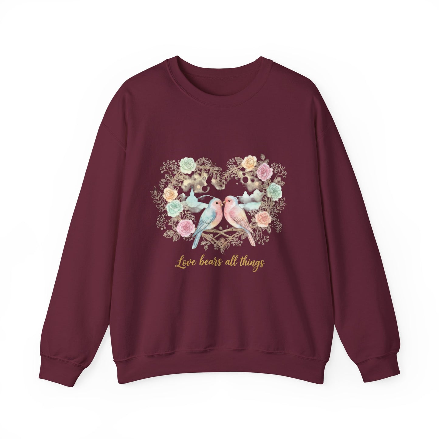 Crewneck Sweatshirt, Pastel Love Birds Floral Heart “Love bears all things”