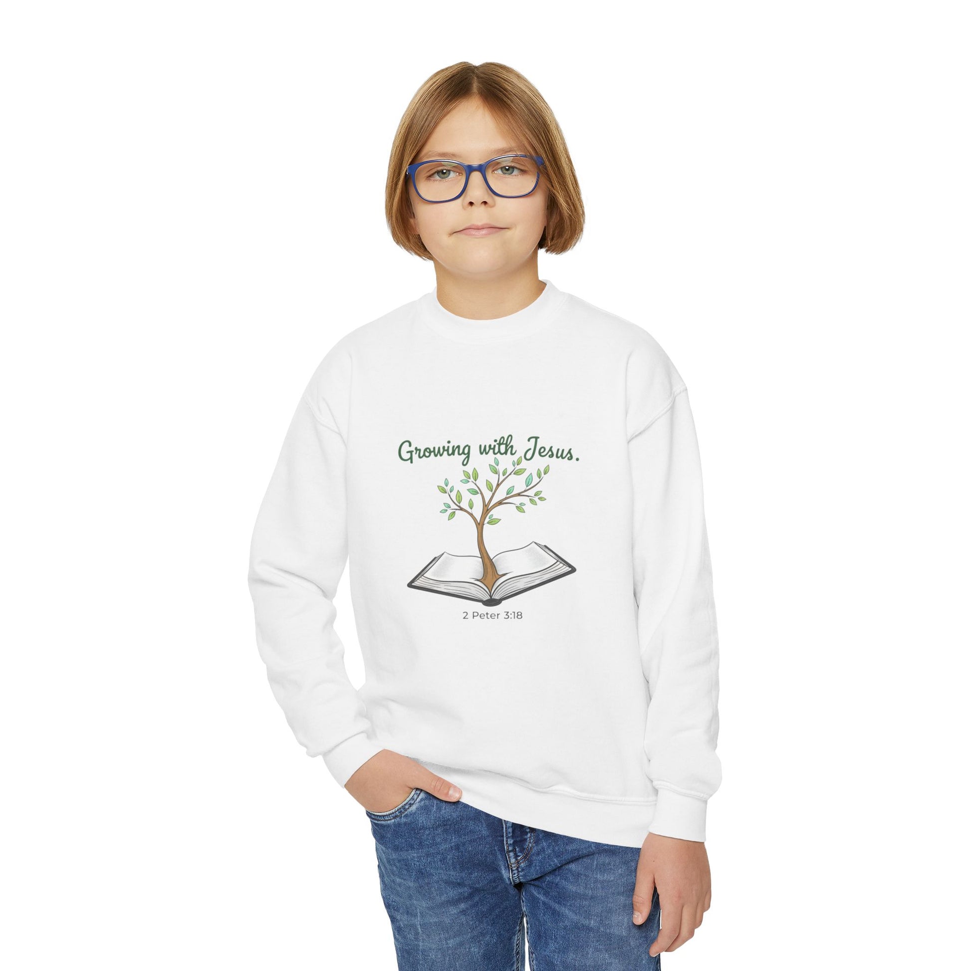 Youth Crewneck Sweatshirt Growing with Jesus Tree Over Bible
