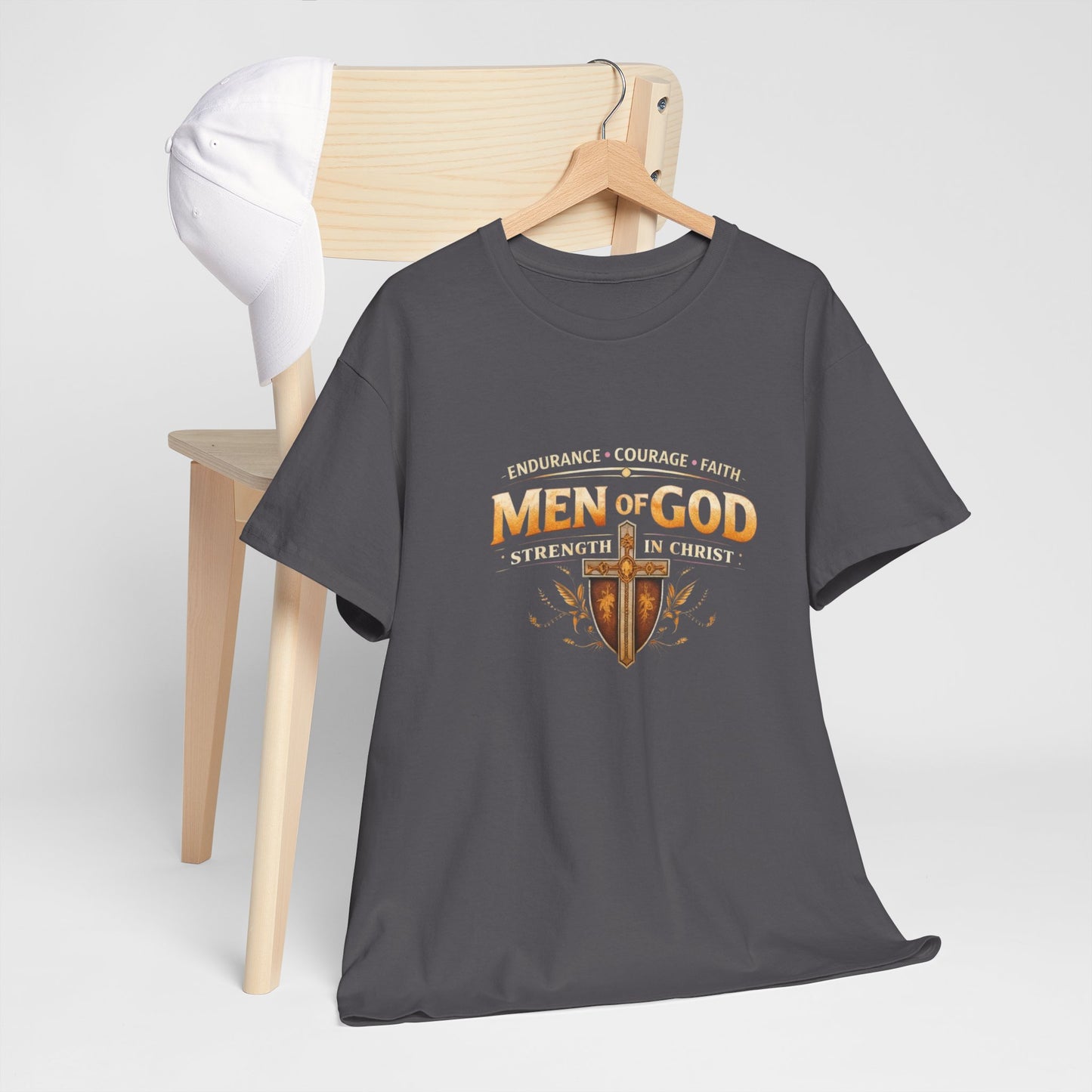 Men of God T-Shirt: Christian Faith Tee with 'Endurance • Courage • Faith' Shield Design