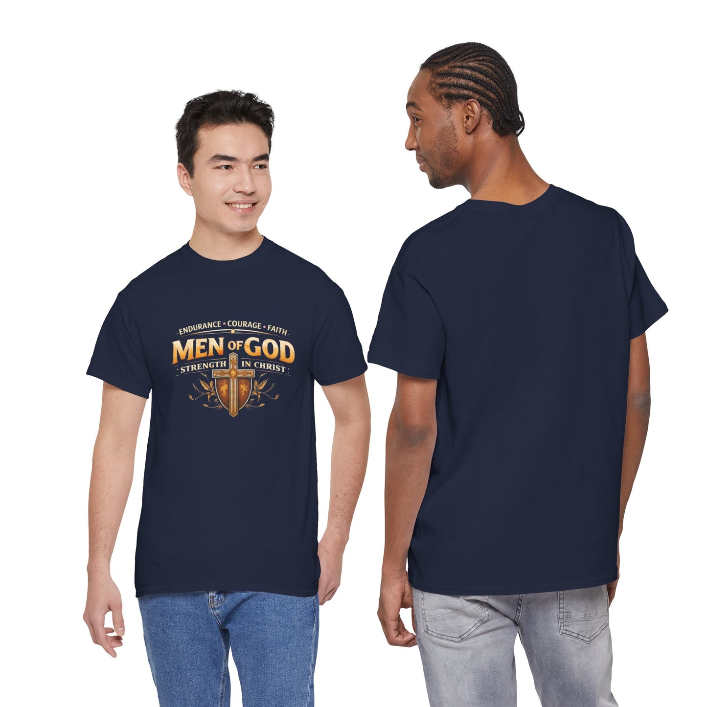Men of God T-Shirt: Christian Faith Tee with 'Endurance • Courage • Faith' Shield Design