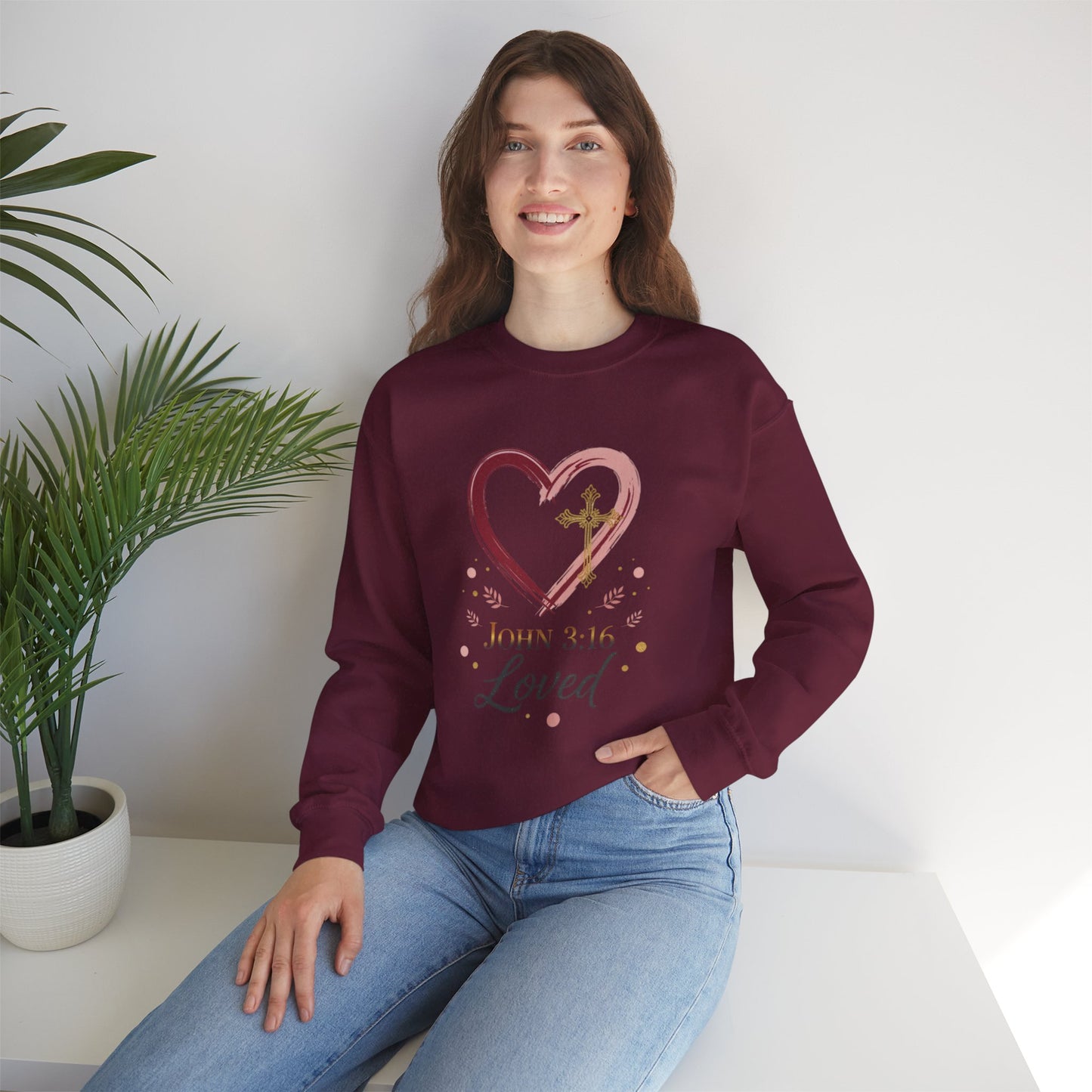 John 3:16 Loved Sweatshirt. Christian Heart Faith Crewneck