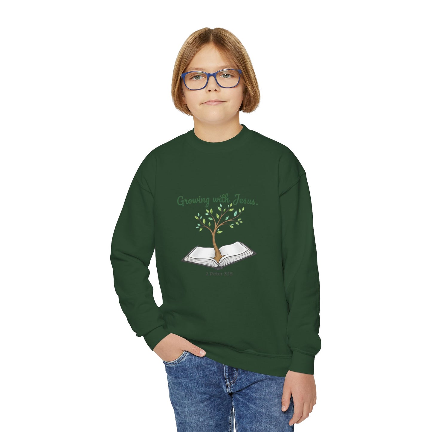 Youth Crewneck Sweatshirt Growing with Jesus Tree Over Bible