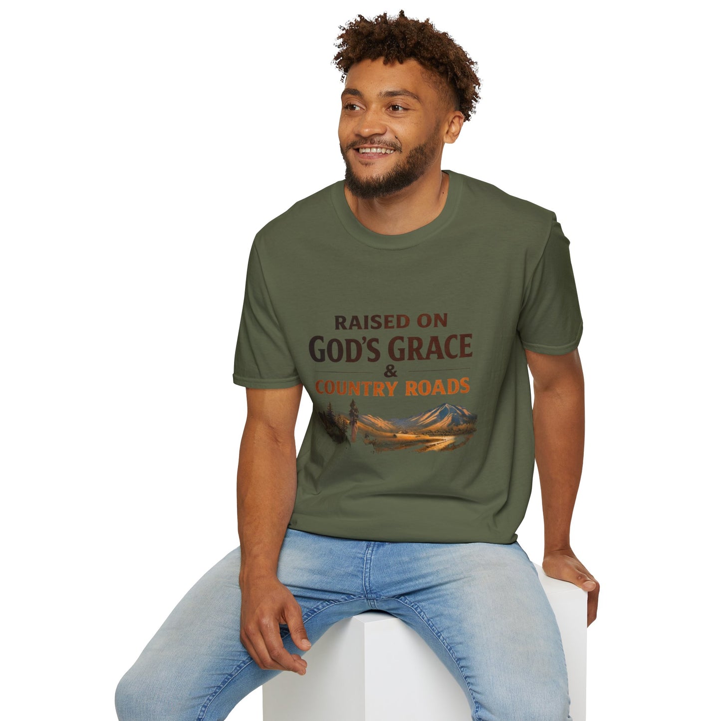 Raised on God's Grace & Country Roads T‑Shirt. Faithful Country Graphic Tee