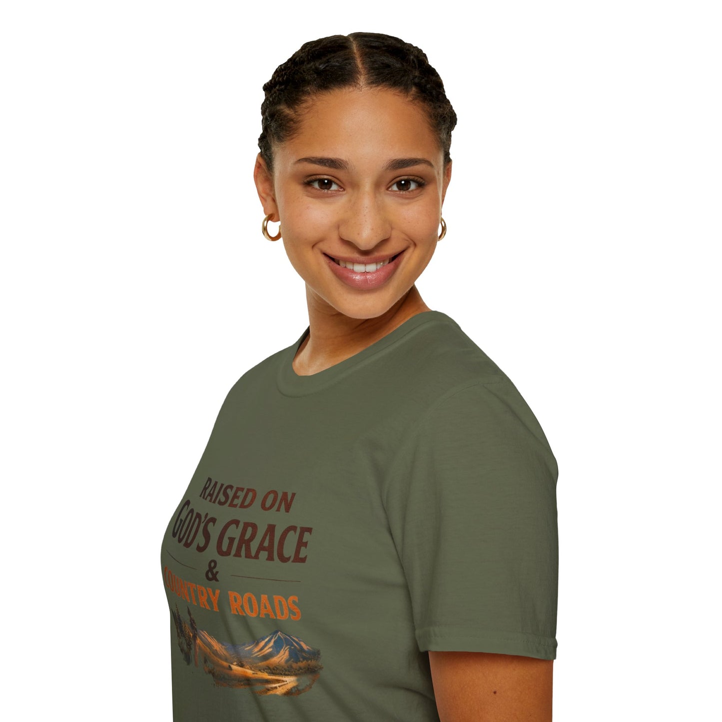 Raised on God's Grace & Country Roads T‑Shirt. Faithful Country Graphic Tee