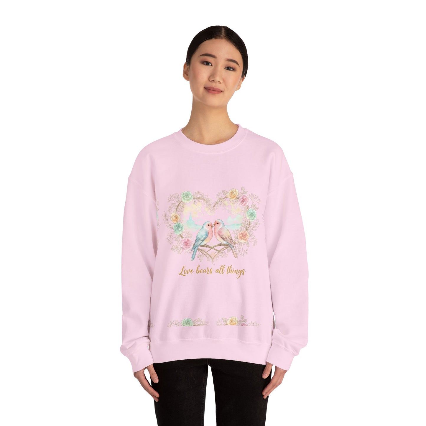 Crewneck Sweatshirt, Pastel Love Birds Floral Heart “Love bears all things”