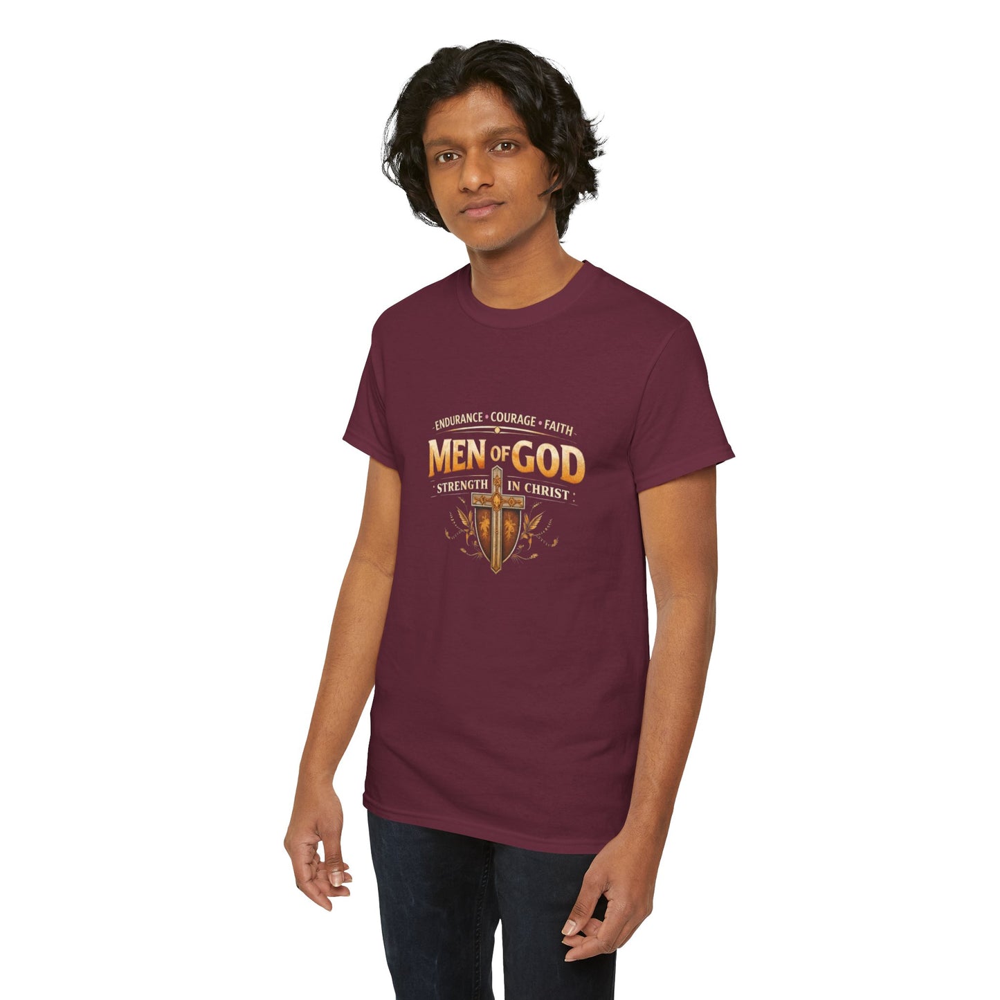 Men of God T-Shirt: Christian Faith Tee with 'Endurance • Courage • Faith' Shield Design