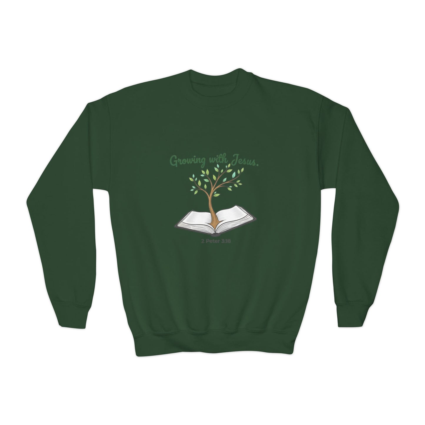 Youth Crewneck Sweatshirt Growing with Jesus Tree Over Bible