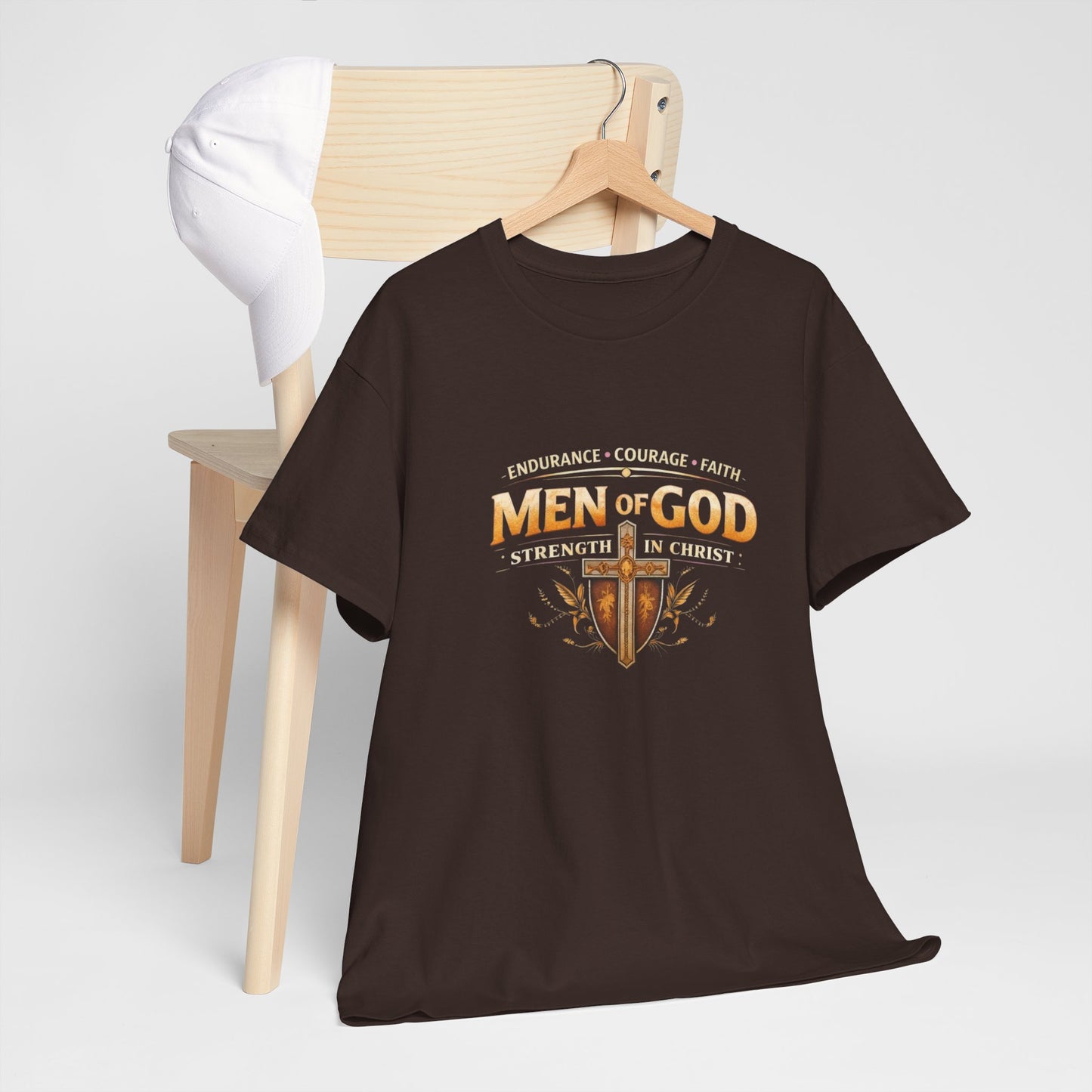 Men of God T-Shirt: Christian Faith Tee with 'Endurance • Courage • Faith' Shield Design