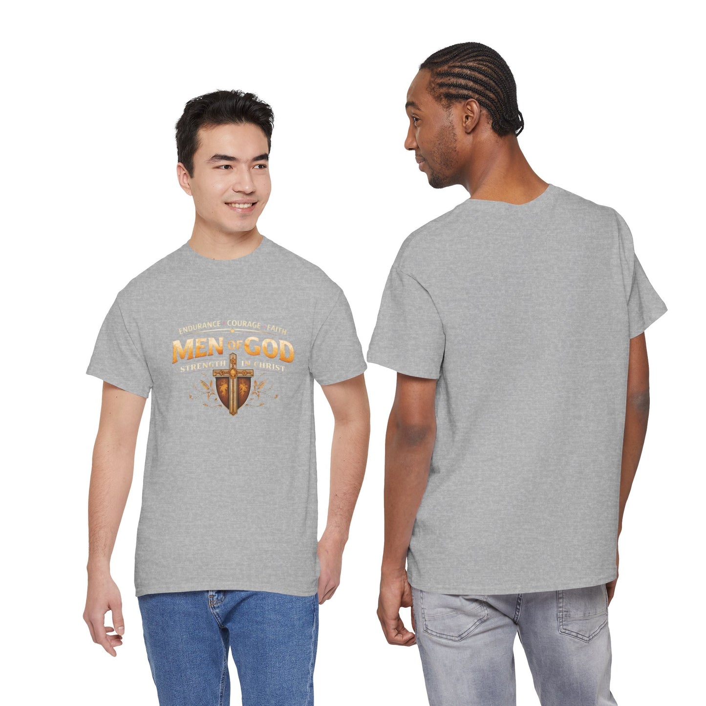Men of God T-Shirt: Christian Faith Tee with 'Endurance • Courage • Faith' Shield Design