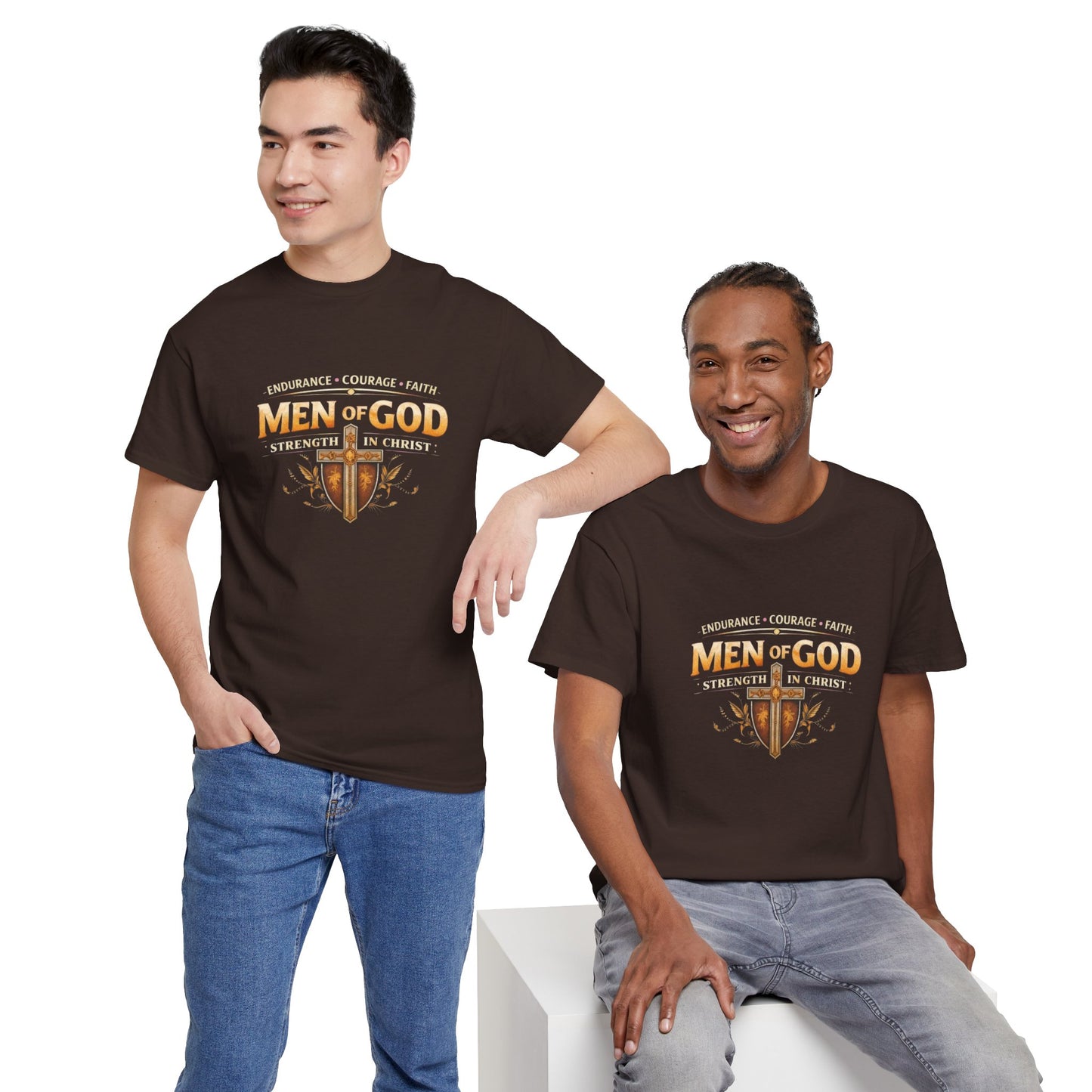 Men of God T-Shirt: Christian Faith Tee with 'Endurance • Courage • Faith' Shield Design