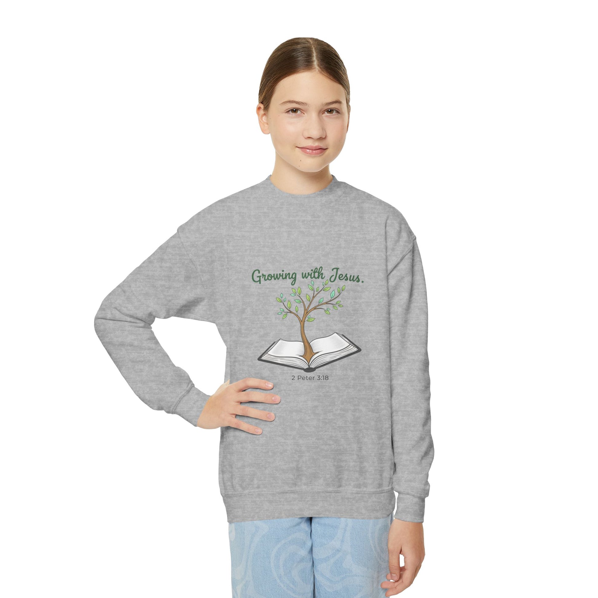 Youth Crewneck Sweatshirt Growing with Jesus Tree Over Bible