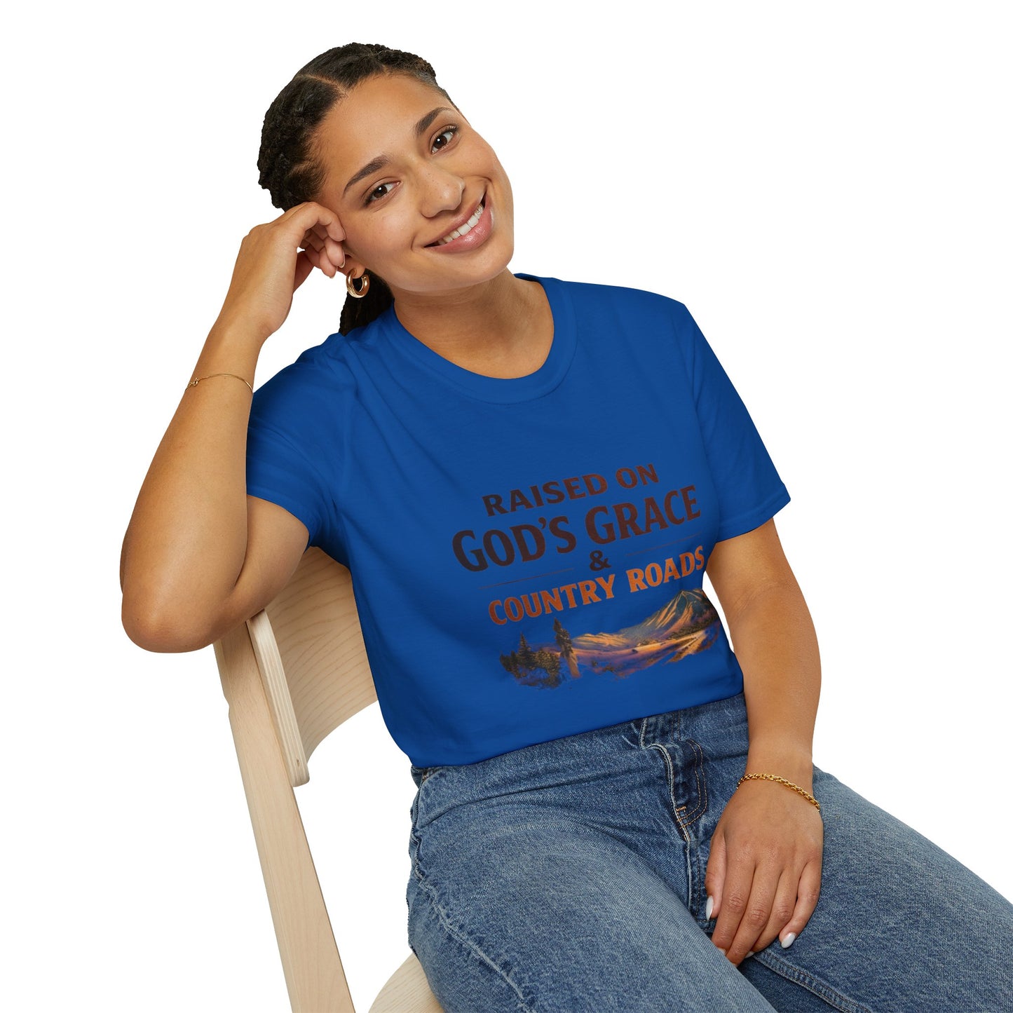 Raised on God's Grace & Country Roads T‑Shirt. Faithful Country Graphic Tee