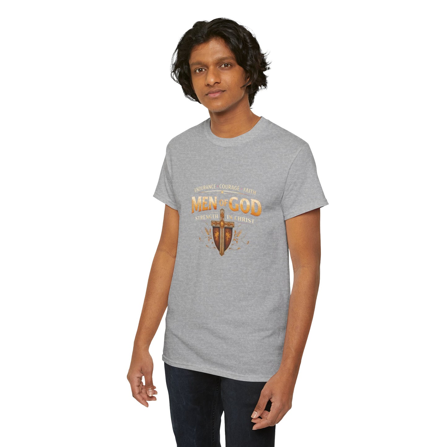 Men of God T-Shirt: Christian Faith Tee with 'Endurance • Courage • Faith' Shield Design