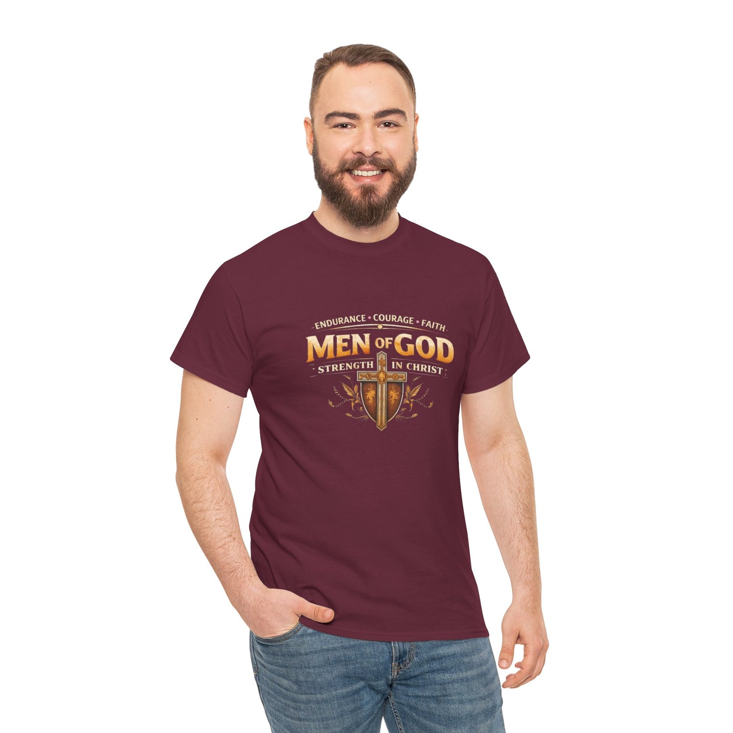 Men of God T-Shirt: Christian Faith Tee with 'Endurance • Courage • Faith' Shield Design
