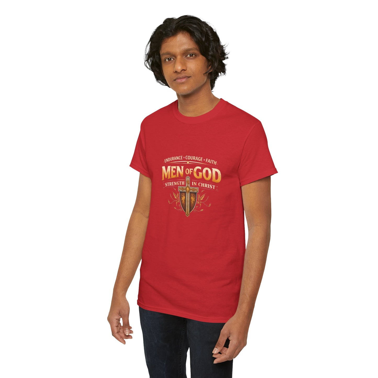 Men of God T-Shirt: Christian Faith Tee with 'Endurance • Courage • Faith' Shield Design