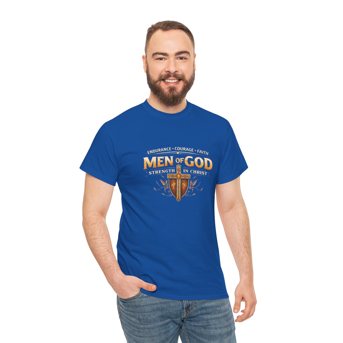 Men of God T-Shirt: Christian Faith Tee with 'Endurance • Courage • Faith' Shield Design