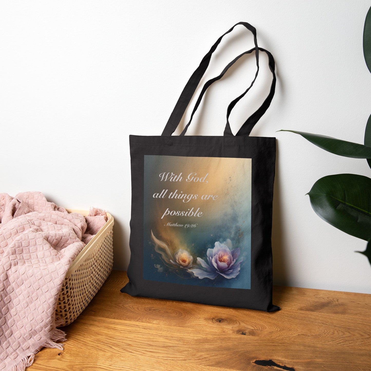 Canvas Tote Bag "With God all things are possible" Floral Faith Quote Tote