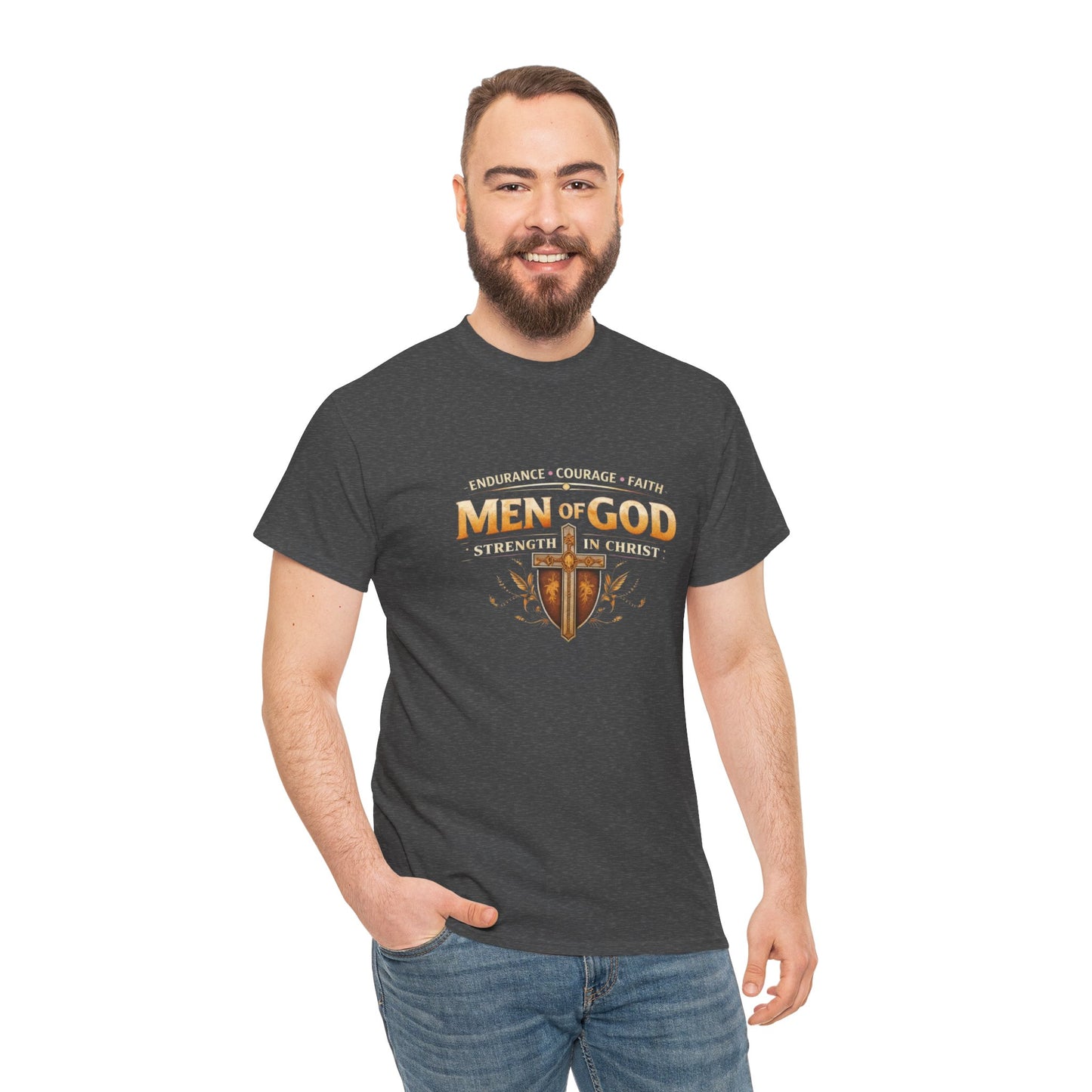 Men of God T-Shirt: Christian Faith Tee with 'Endurance • Courage • Faith' Shield Design