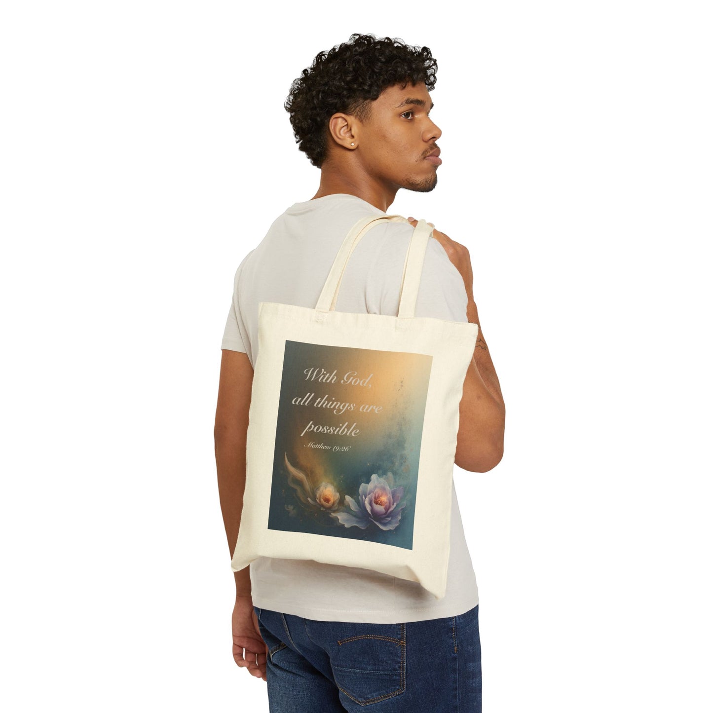 Canvas Tote Bag "With God all things are possible" Floral Faith Quote Tote