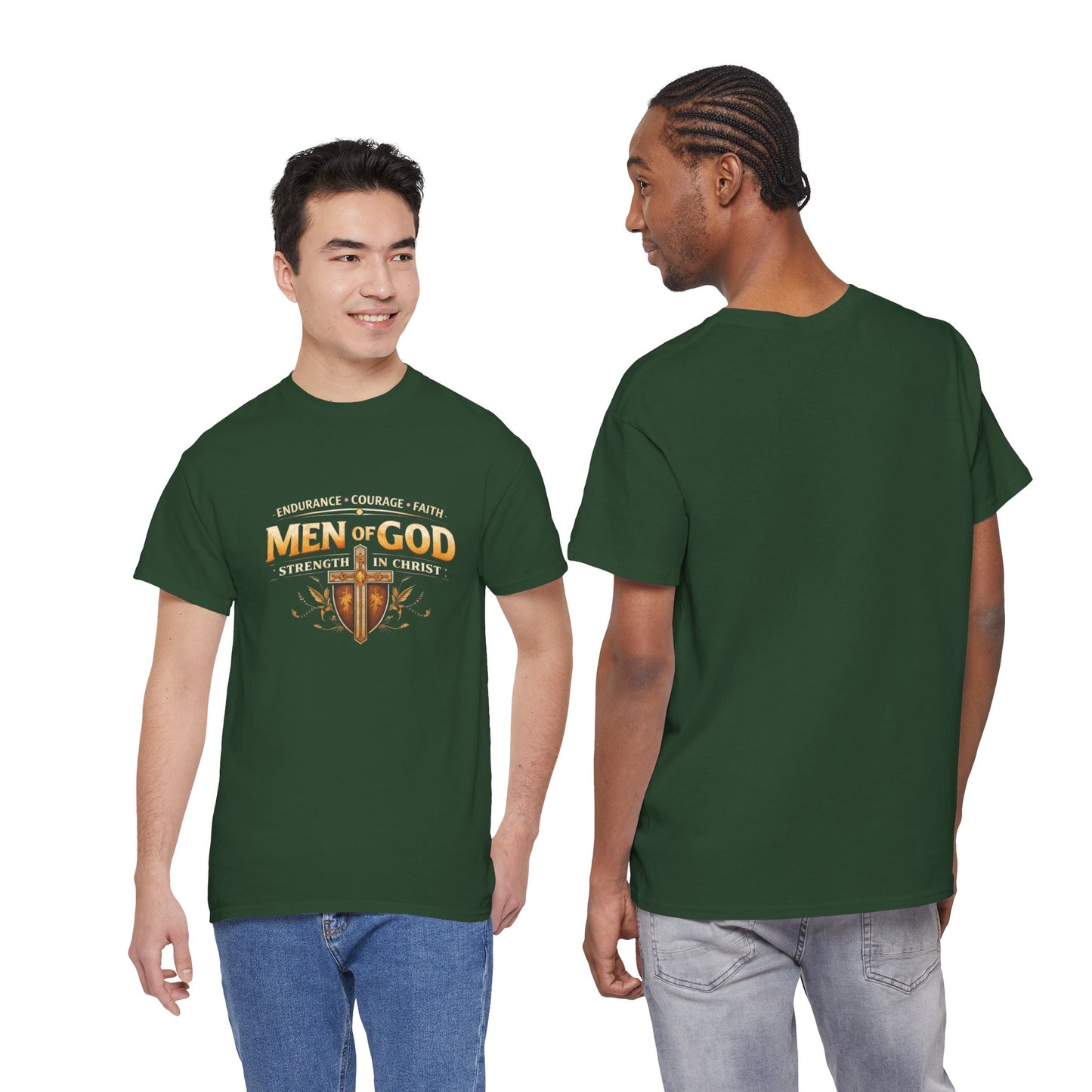 Men of God T-Shirt: Christian Faith Tee with 'Endurance • Courage • Faith' Shield Design