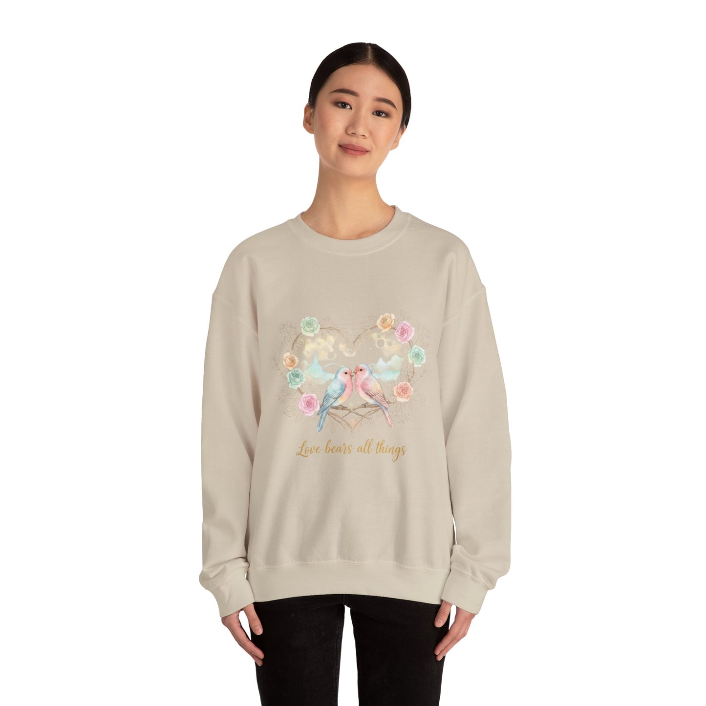 Crewneck Sweatshirt, Pastel Love Birds Floral Heart “Love bears all things”