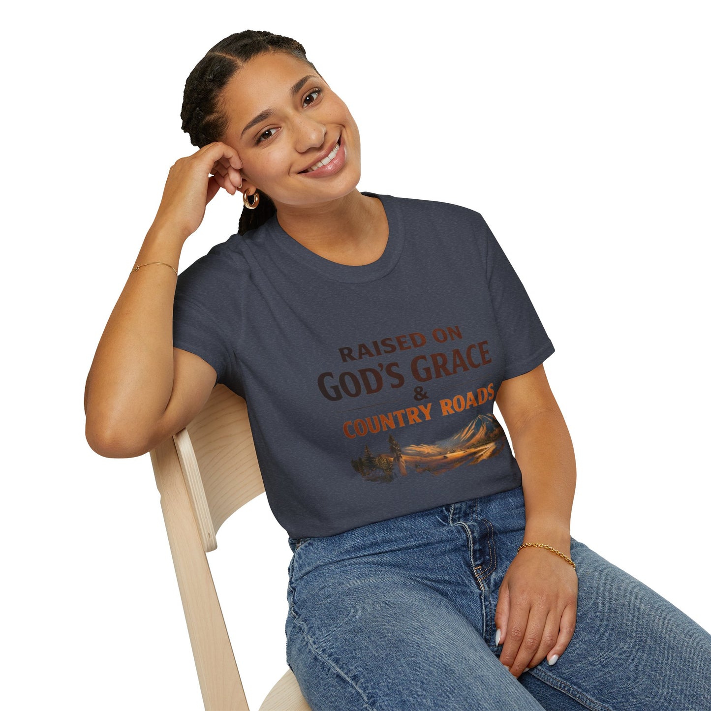 Raised on God's Grace & Country Roads T‑Shirt. Faithful Country Graphic Tee
