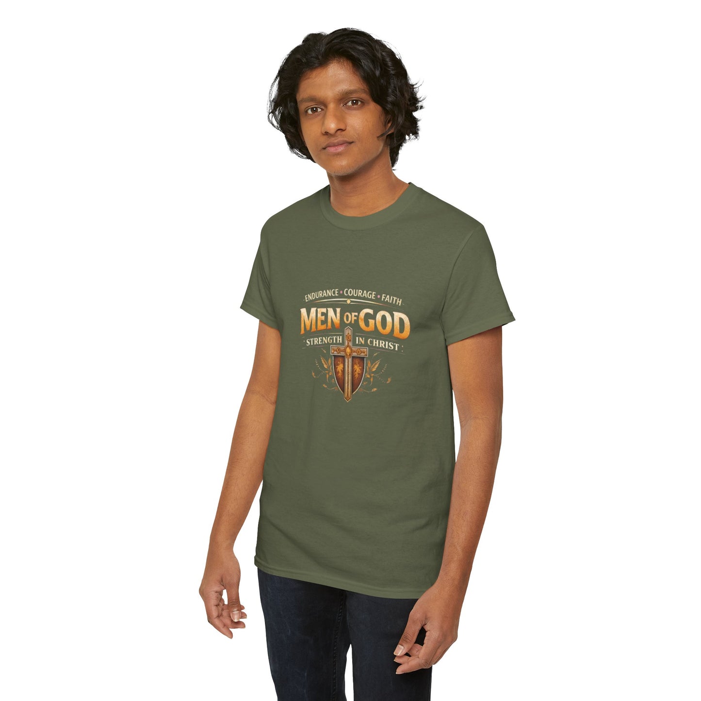 Men of God T-Shirt: Christian Faith Tee with 'Endurance • Courage • Faith' Shield Design