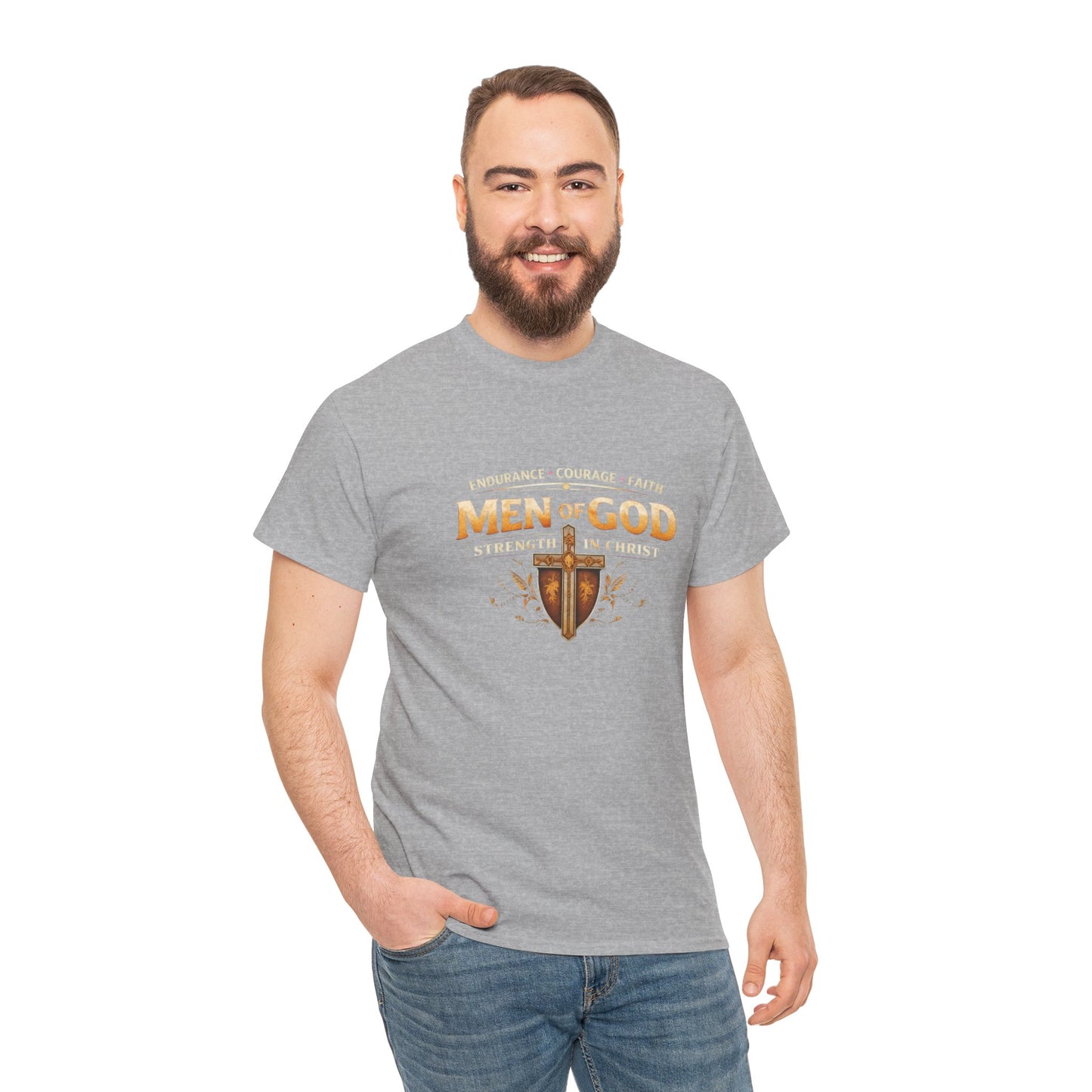 Men of God T-Shirt: Christian Faith Tee with 'Endurance • Courage • Faith' Shield Design