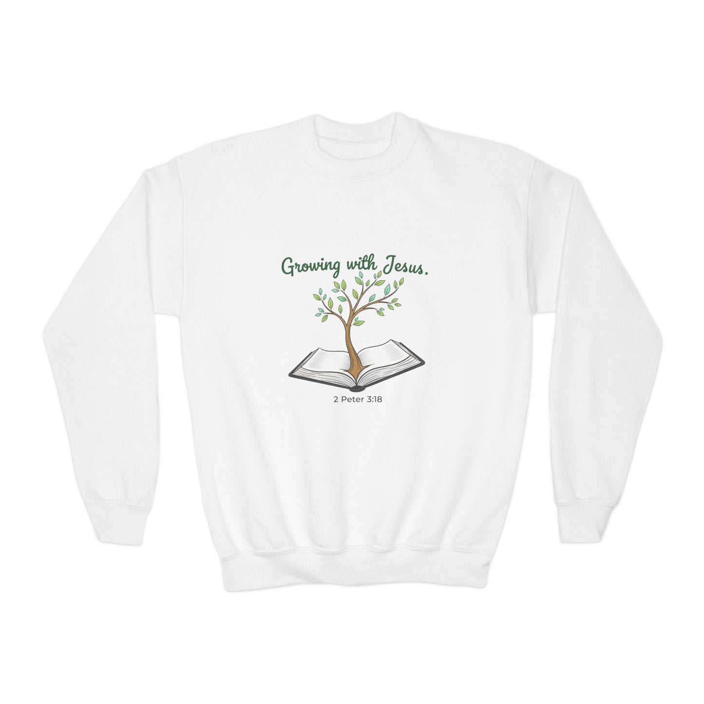 Youth Crewneck Sweatshirt Growing with Jesus Tree Over Bible