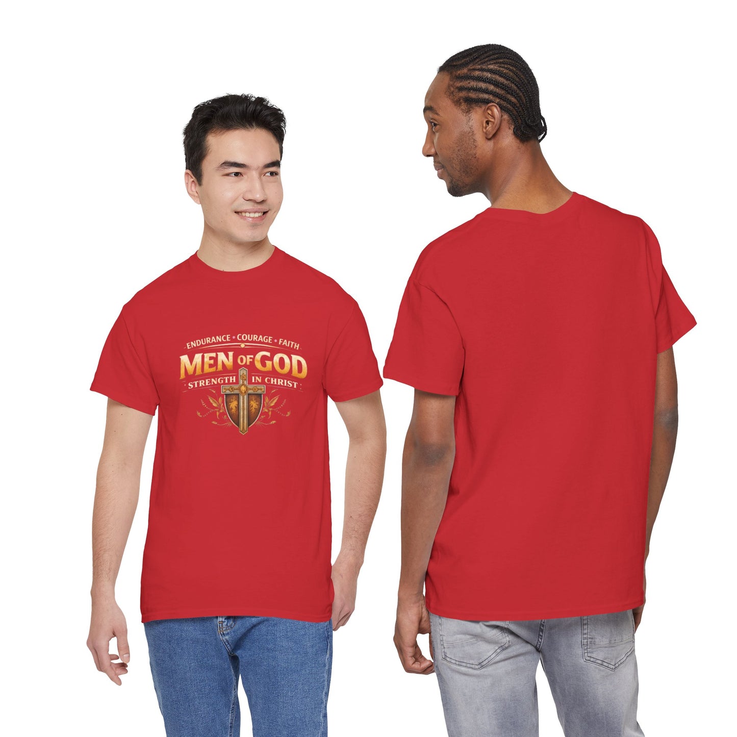 Men of God T-Shirt: Christian Faith Tee with 'Endurance • Courage • Faith' Shield Design