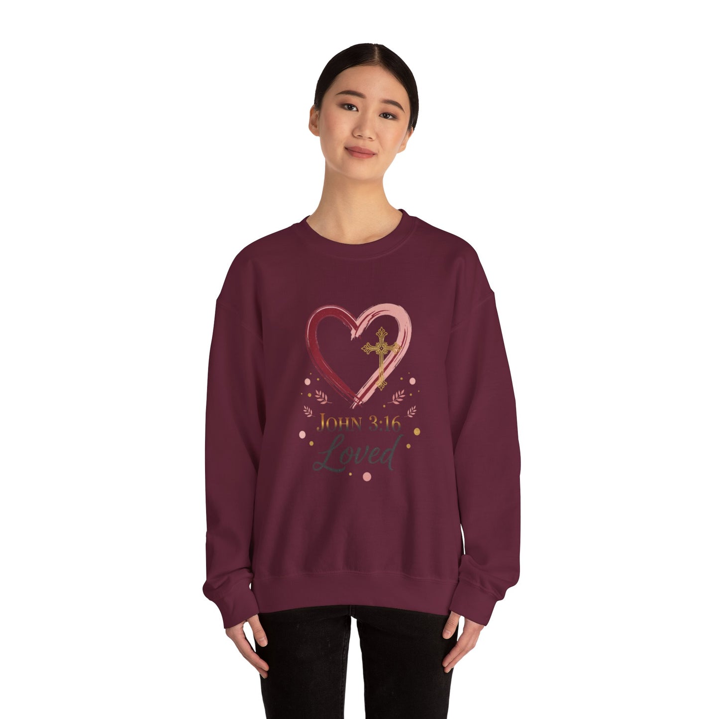 John 3:16 Loved Sweatshirt. Christian Heart Faith Crewneck