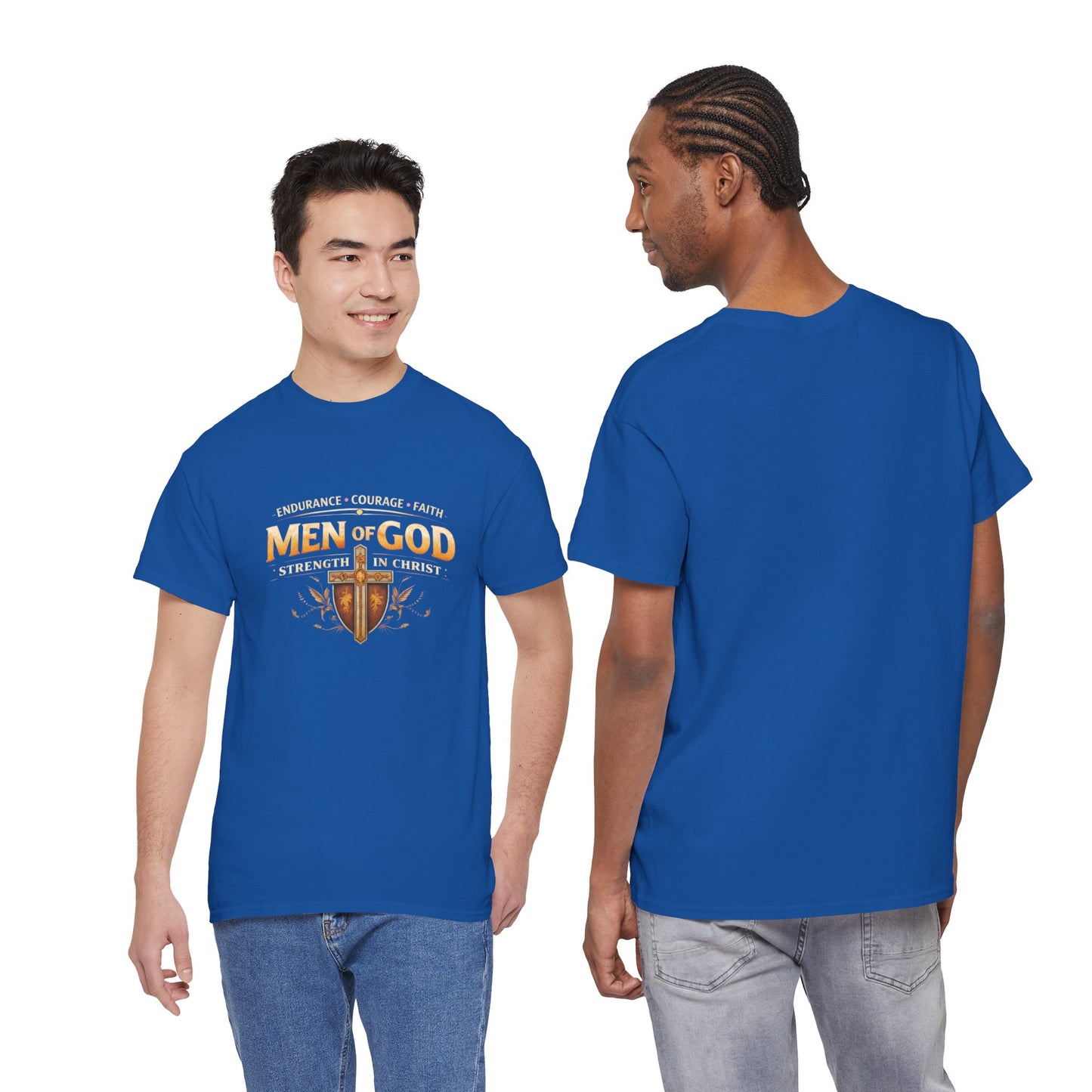 Men of God T-Shirt: Christian Faith Tee with 'Endurance • Courage • Faith' Shield Design