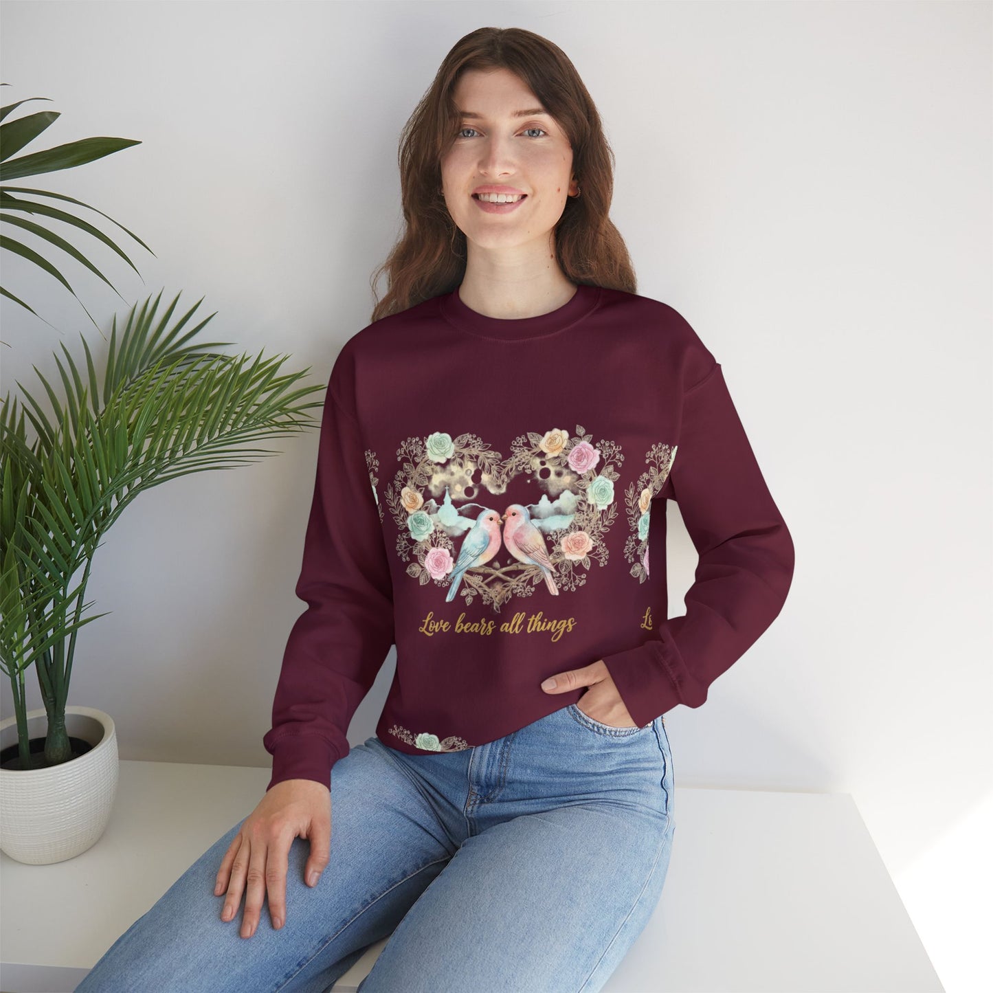 Crewneck Sweatshirt, Pastel Love Birds Floral Heart “Love bears all things”