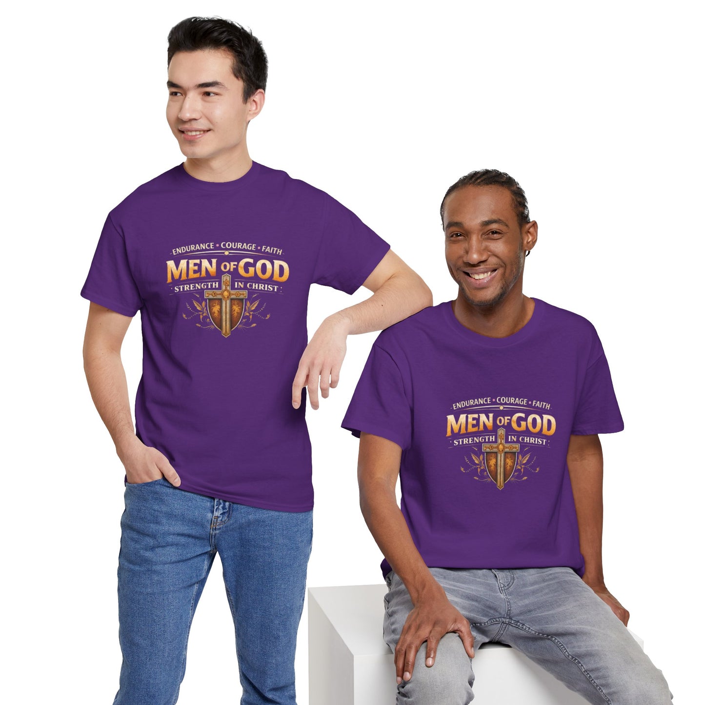 Men of God T-Shirt: Christian Faith Tee with 'Endurance • Courage • Faith' Shield Design