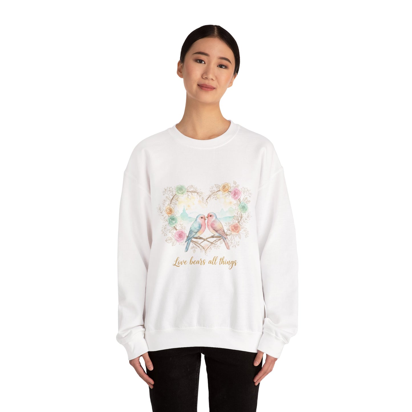 Crewneck Sweatshirt, Pastel Love Birds Floral Heart “Love bears all things”