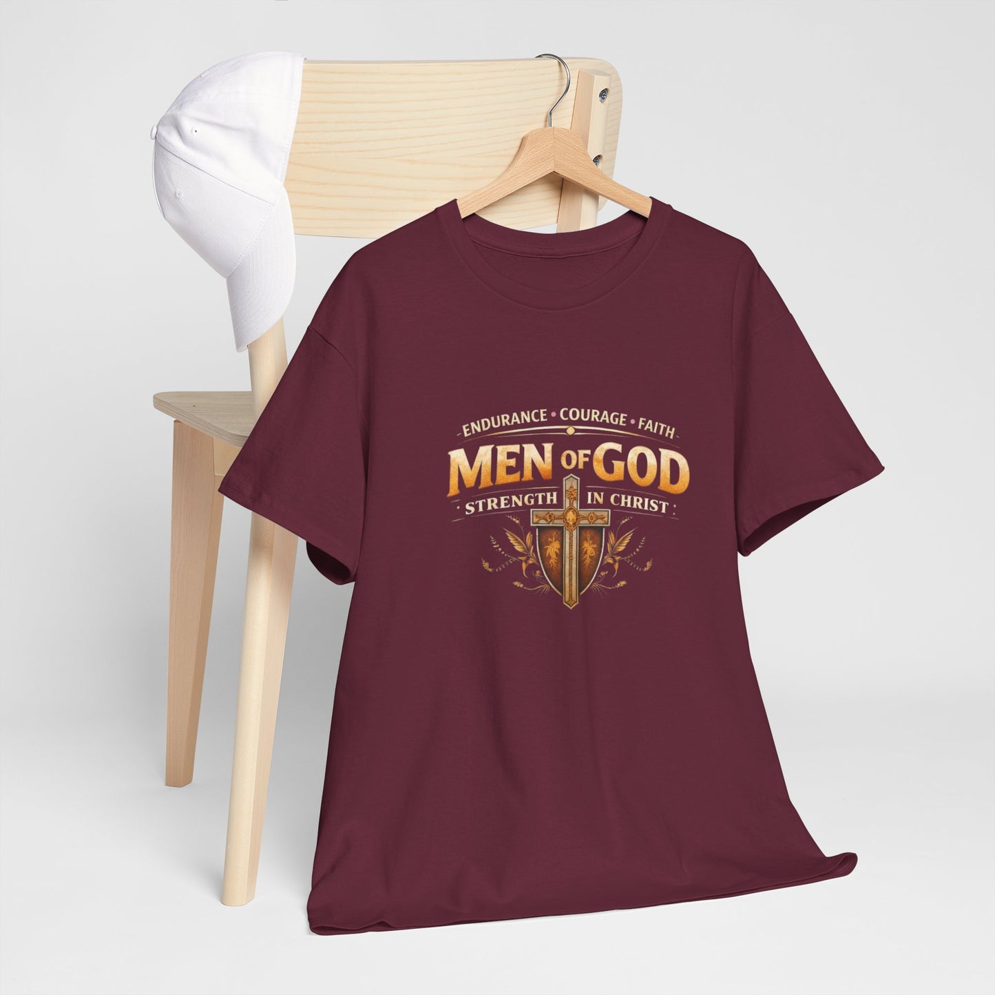 Men of God T-Shirt: Christian Faith Tee with 'Endurance • Courage • Faith' Shield Design