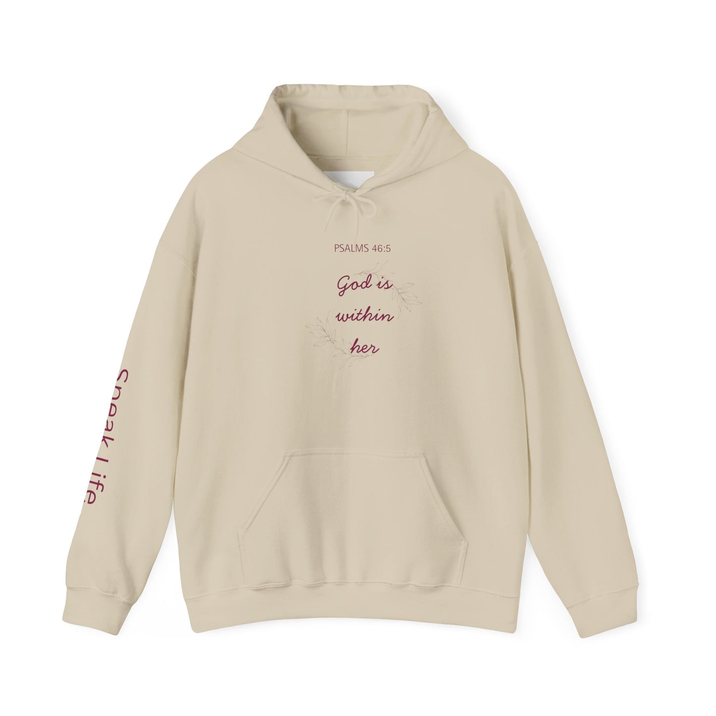 Psalm 46:5 'God Is Within Her' Hoodie; Faith-Inspired White Pullover with 'Speak Life' Sleeve