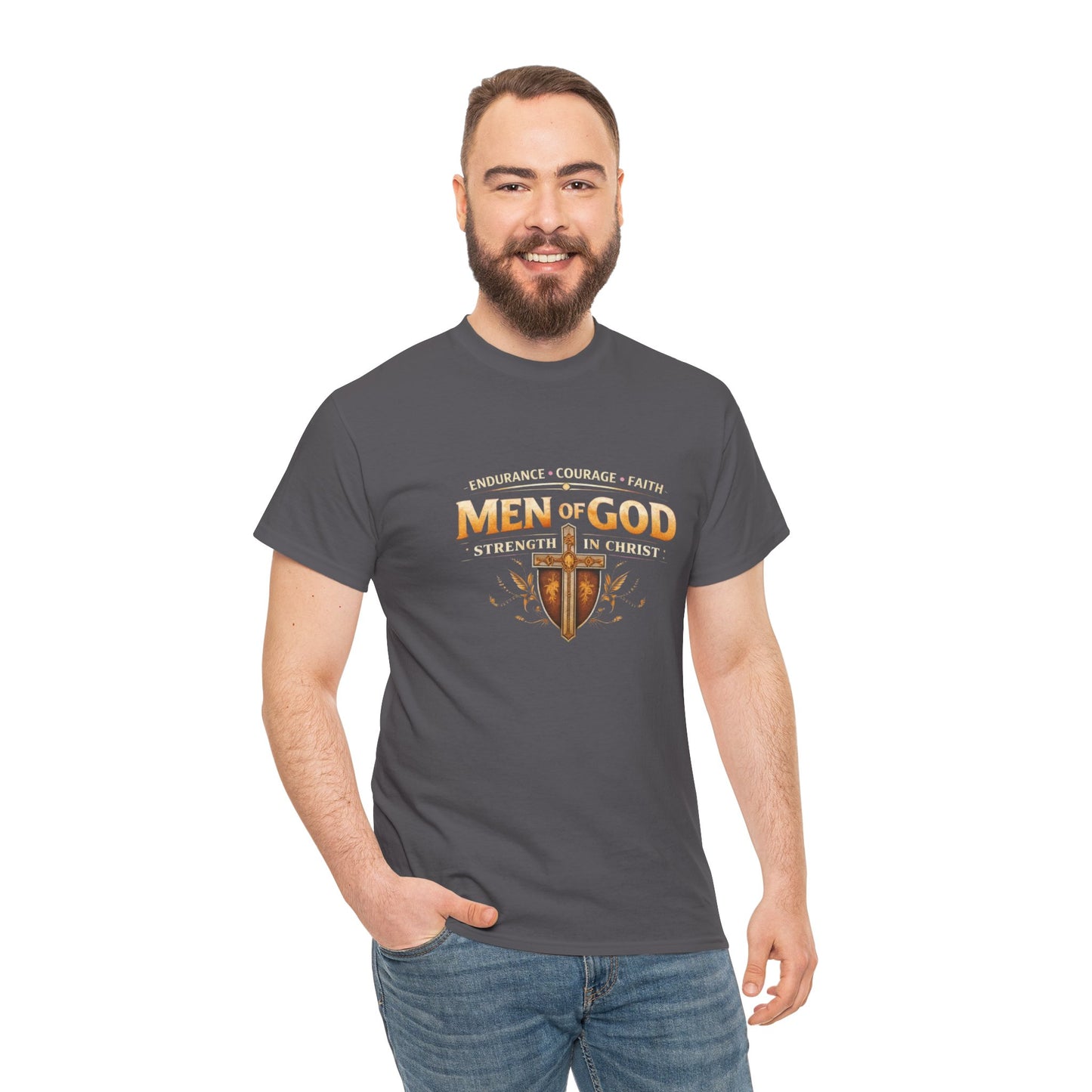 Men of God T-Shirt: Christian Faith Tee with 'Endurance • Courage • Faith' Shield Design