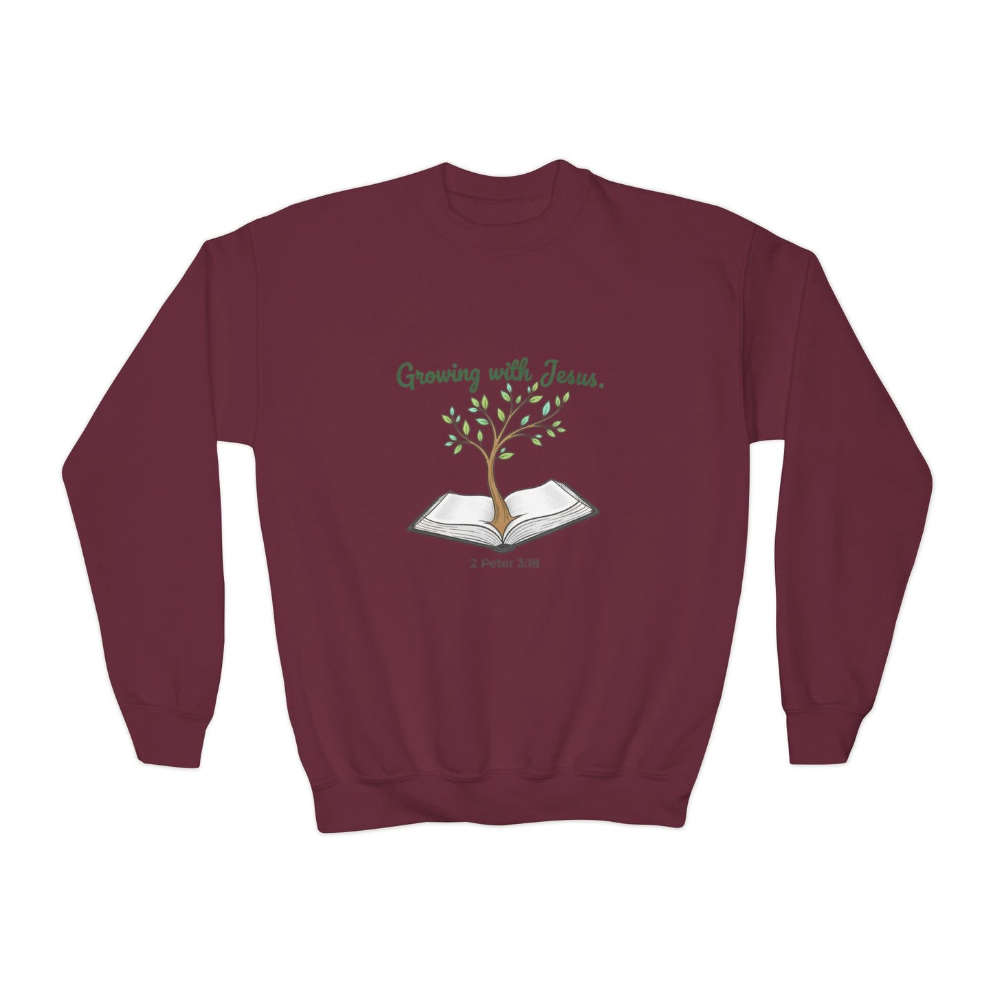 Youth Crewneck Sweatshirt Growing with Jesus Tree Over Bible