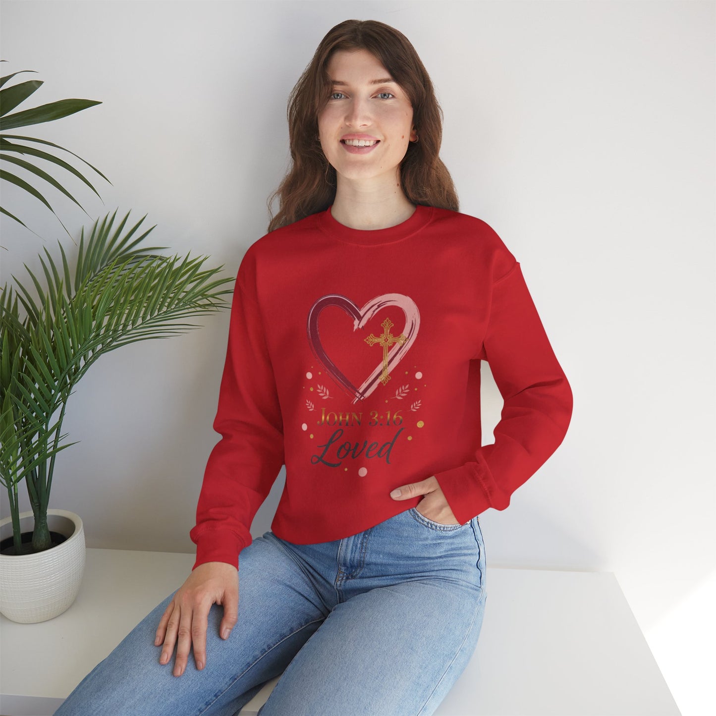 John 3:16 Loved Sweatshirt. Christian Heart Faith Crewneck