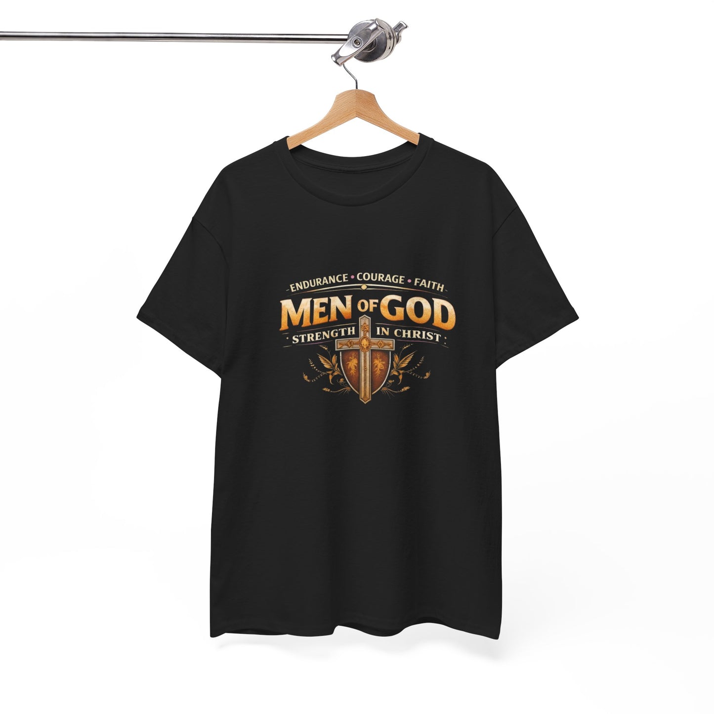 Men of God T-Shirt: Christian Faith Tee with 'Endurance • Courage • Faith' Shield Design