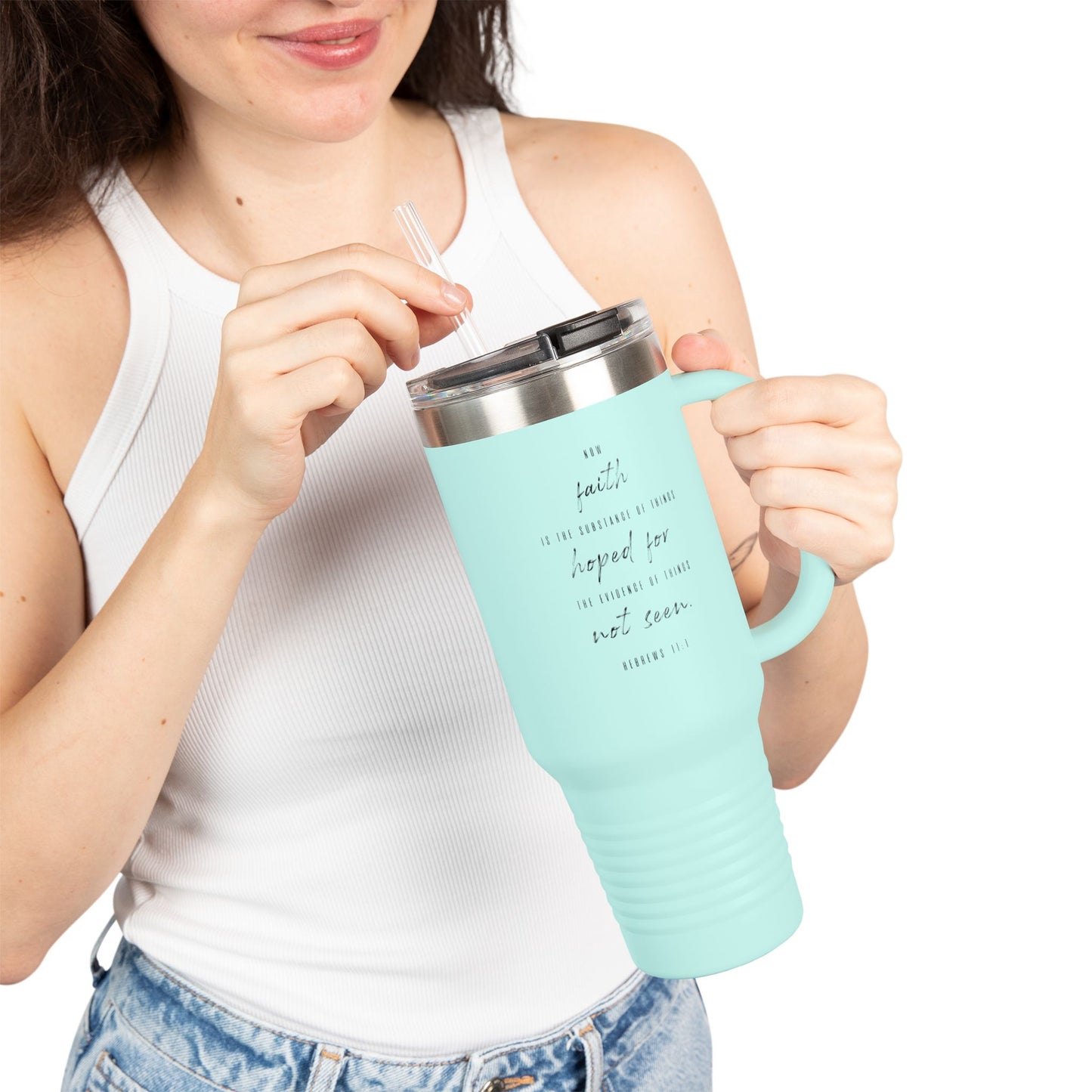 40oz Insulated Travel Mug, Inspirational Script Faith Quote