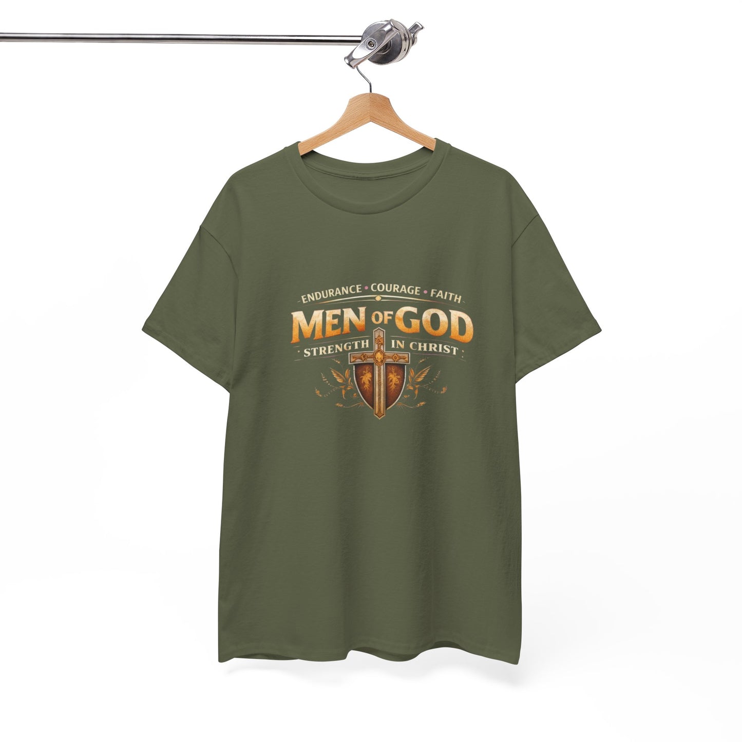 Men of God T-Shirt: Christian Faith Tee with 'Endurance • Courage • Faith' Shield Design