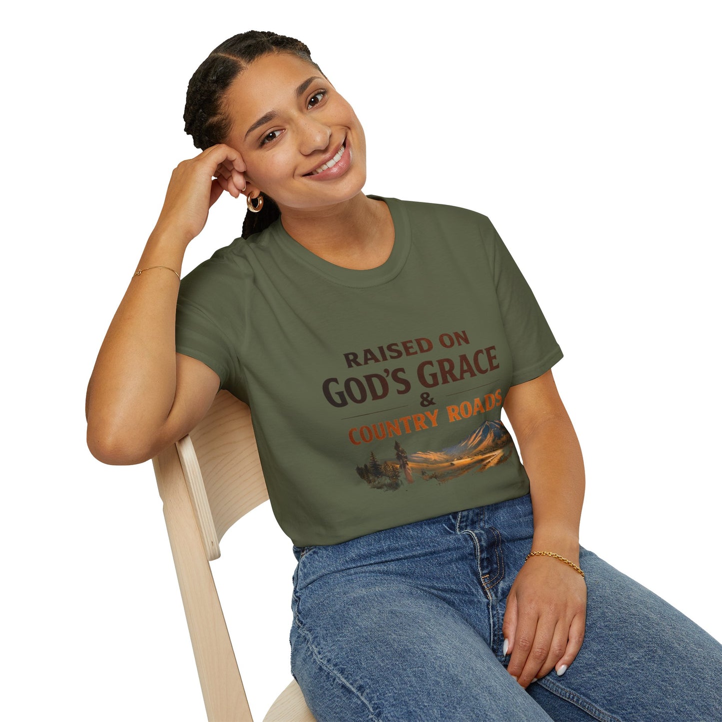 Raised on God's Grace & Country Roads T‑Shirt. Faithful Country Graphic Tee
