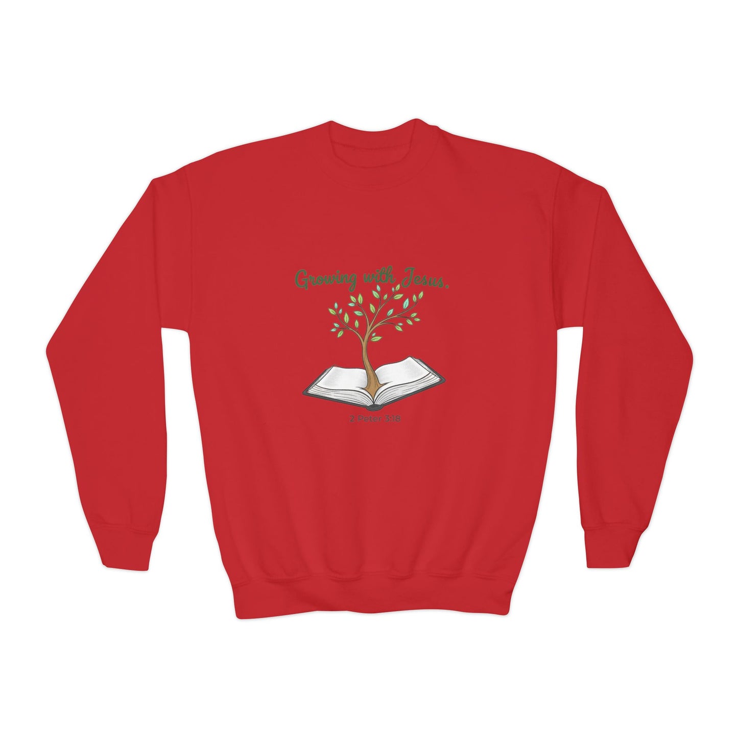 Youth Crewneck Sweatshirt Growing with Jesus Tree Over Bible