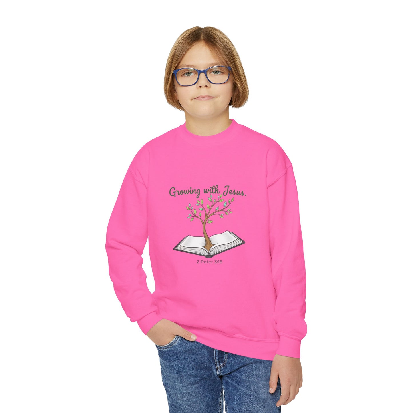 Youth Crewneck Sweatshirt Growing with Jesus Tree Over Bible