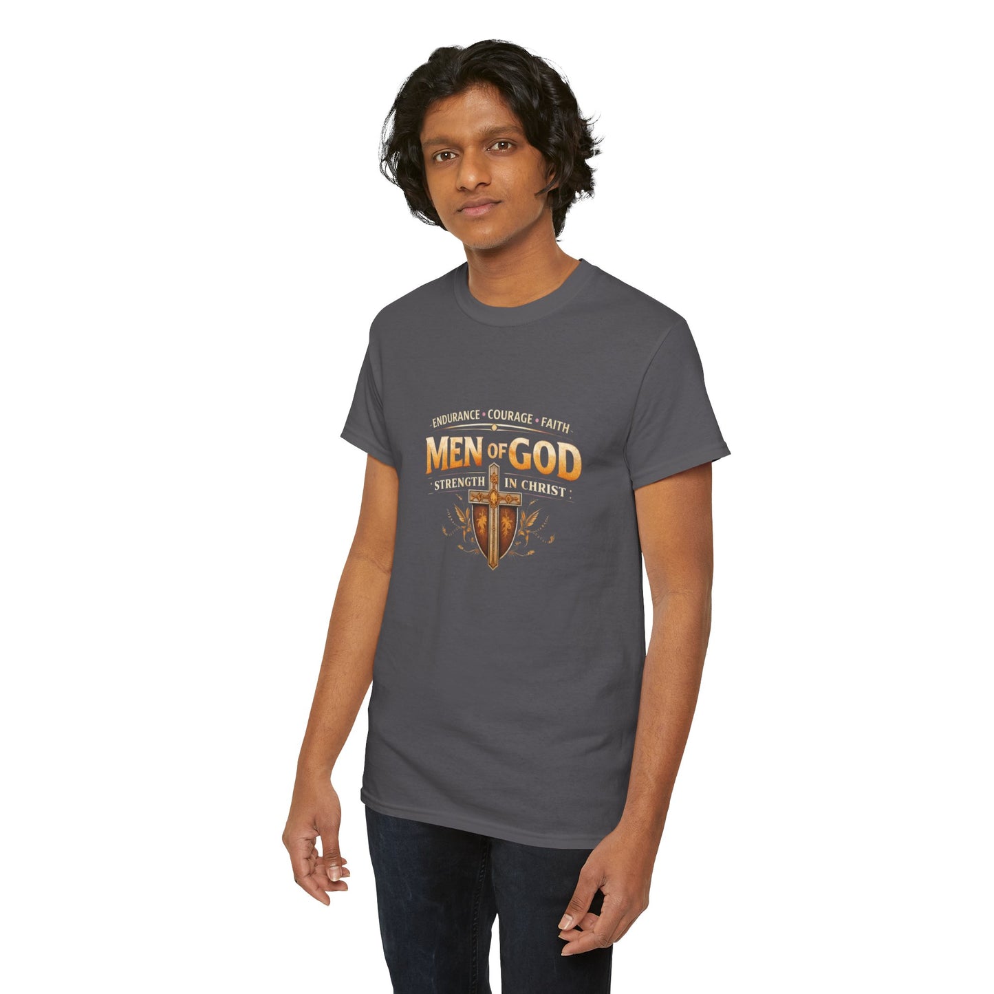 Men of God T-Shirt: Christian Faith Tee with 'Endurance • Courage • Faith' Shield Design