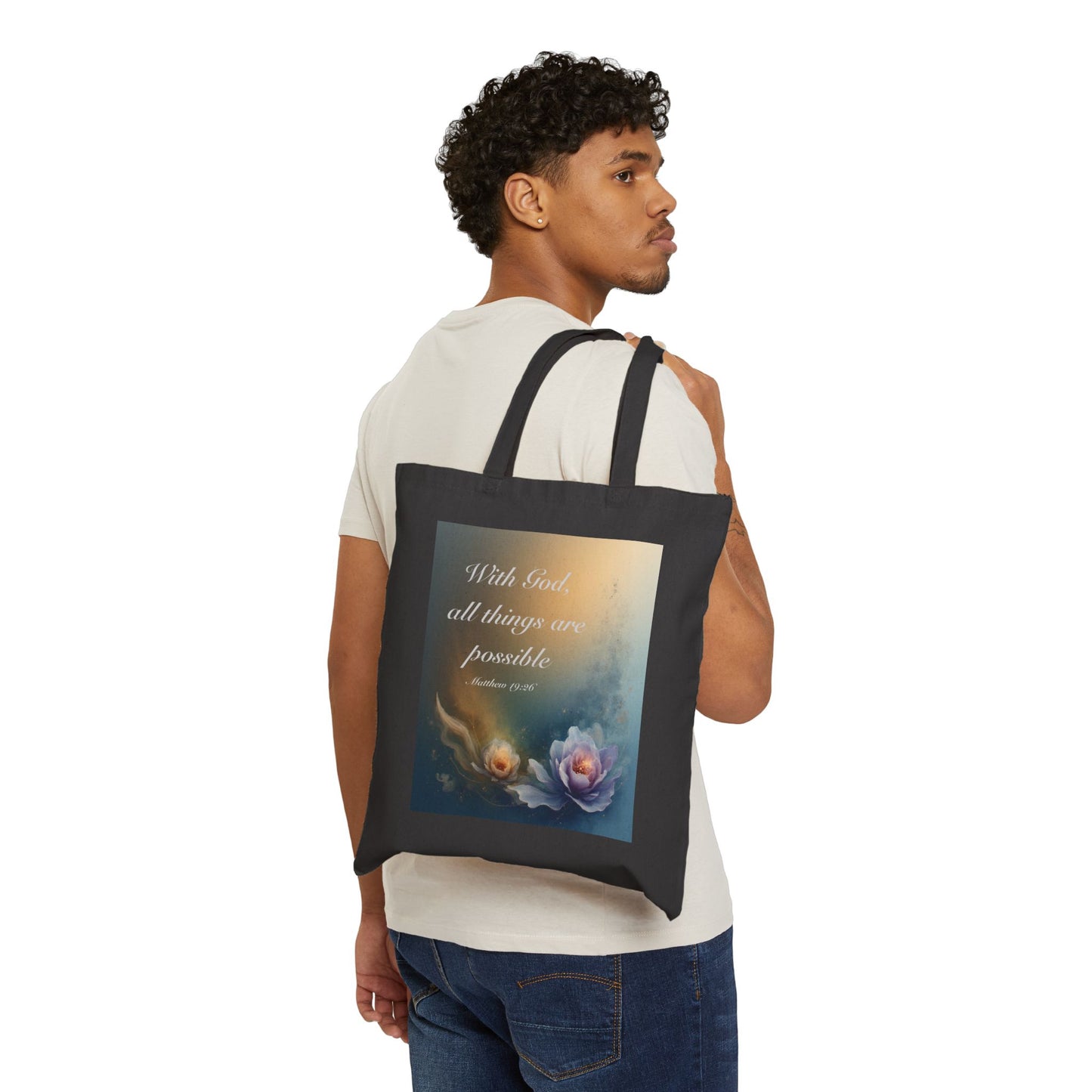 Canvas Tote Bag "With God all things are possible" Floral Faith Quote Tote