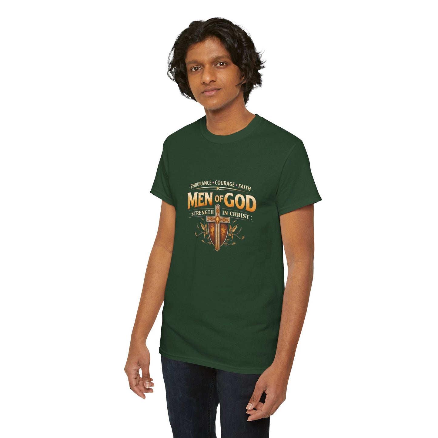 Men of God T-Shirt: Christian Faith Tee with 'Endurance • Courage • Faith' Shield Design